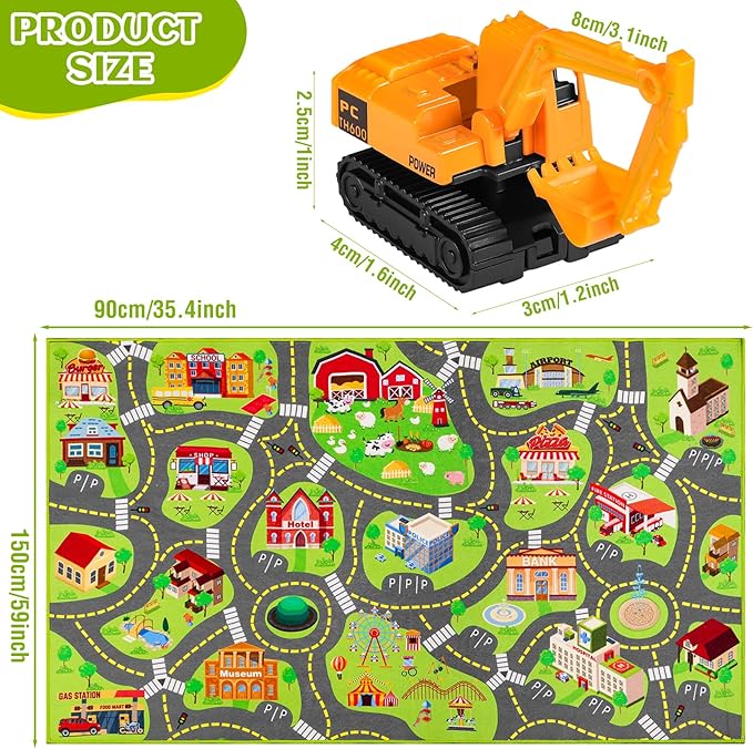 Kids Car Rug Play Mat with 12 Toy Vehicle Set, Kid Road Playmat Rug for Toy Cars, Cars Play Rugs Town City Map Carpet,Toddler Car Track Rugs for Kids Boys Playroom Bedroom (60"X36", City Map+Vehicle)