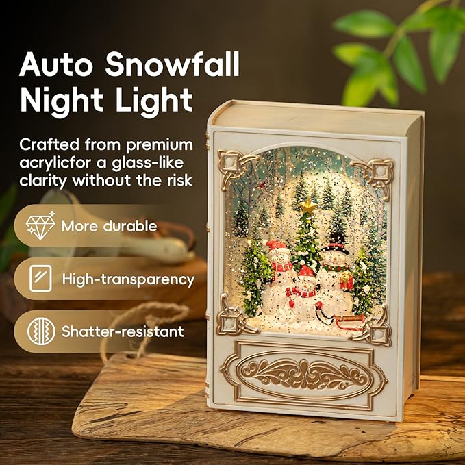 Christmas Snow Globe, Book Lantern with Snowman & Santa Claus – Vintage 8 Songs Musical Box, Automatic Snowfall, Led Light, USB Powered,for Christmas Festival Home Fall Decoration Gifts, Beige
