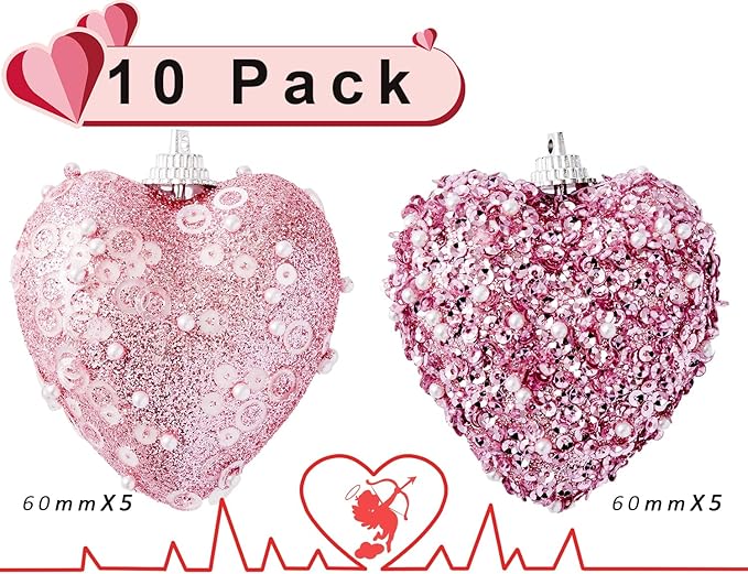 Pink Valentine's Day Heart Ornaments 10Pcs Glitter Sequin Heart Shaped Baubles Decoration Valentines Pearl Foam Hanging Decor(2.36in)