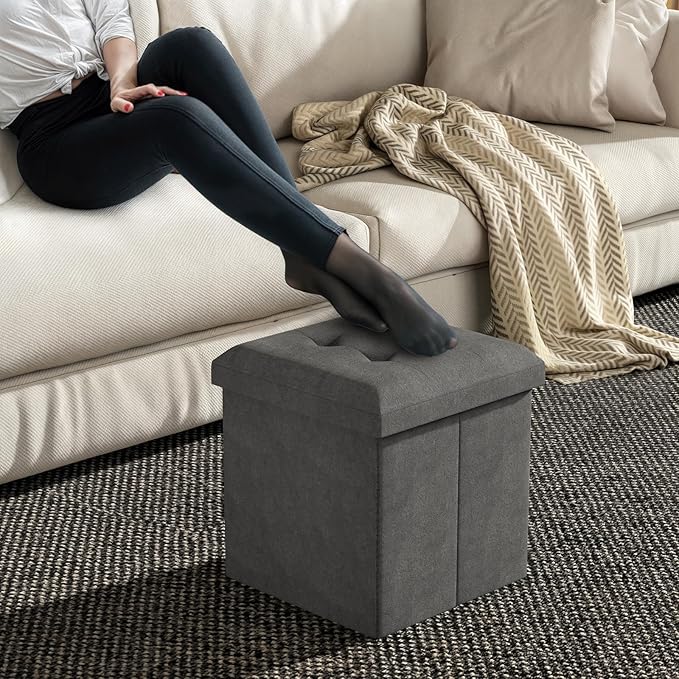 MoNiBloom 15 Inches Storage Ottoman Cube, Folding Square Foot Rest Stool, Small Ottoman Footrest with Storage for Living Room, Bedroom, Entryway, Dark Gray