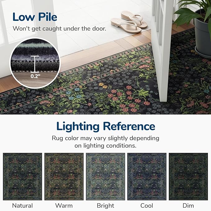 Lessymo Floral Extra Large Area Rug 10x14 for Living Room, Machine Washable Carpet for Bedroom, Soft Low Pile Non-Slip Rug for Dining Room Under Table, Boho Floral Design, Black Green