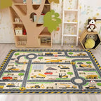 Construction Site Play Rug for Kids - Interactive Engineering Vehicles Faux Wool Carpet with Excavator & Digger Design, Non-Slip Educational Mat for Playroom, Bedroom Gifts (Boys & Girls)