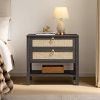 SICOTAS Night Stand with Drawers and Storage Shelf - Large Nightstands Rattan Decor Boho Bedside Table Narrow Side Table for Bedroom, Small Space