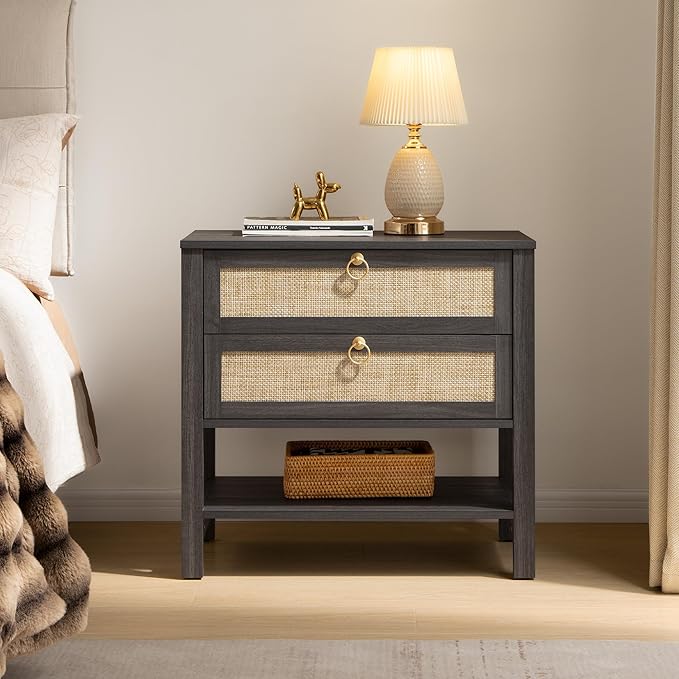 SICOTAS Nightstands Set of 2 for Bedroom, Bedside Tables with Drawer & Open Shelf, Modern Boho Nightstand Set for Master Bedroom