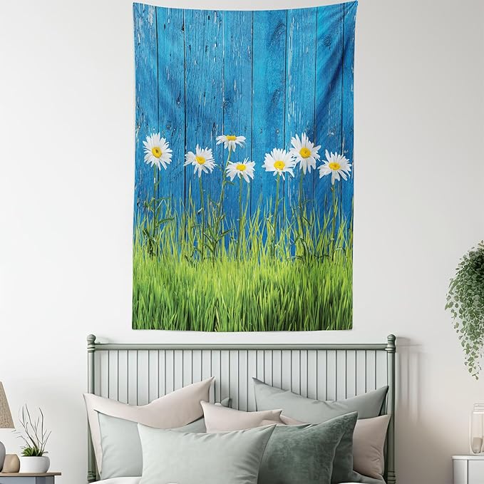 Ambesonne Flower Tapestry Twin Size, Fresh Springtime Grass and Daisy on Fence Summer Simple Vintage Style Print, Wall Hanging Bedspread Bed Cover Wall Decor, 68" X 88", Blue and Green
