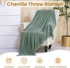 Sage Green Chenille Throw Blanket for Couch Bed，Soft Cozy Throw Blanket with Handmade Fringe, Decorative Blanket for Sofa Chair Living Room for Gift, (Sage Green)