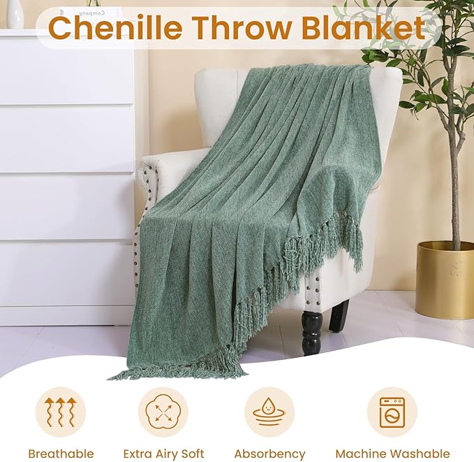 Sage Green Chenille Throw Blanket for Couch Bed，Soft Cozy Throw Blanket with Handmade Fringe, Decorative Blanket for Sofa Chair Living Room for Gift, (Sage Green)