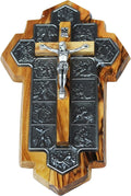 Olive Wood Crucifix - icon showing 14 Stations of the Cross etched on metal (14x9x1 cm or 5.5x3.5x.4 inch)