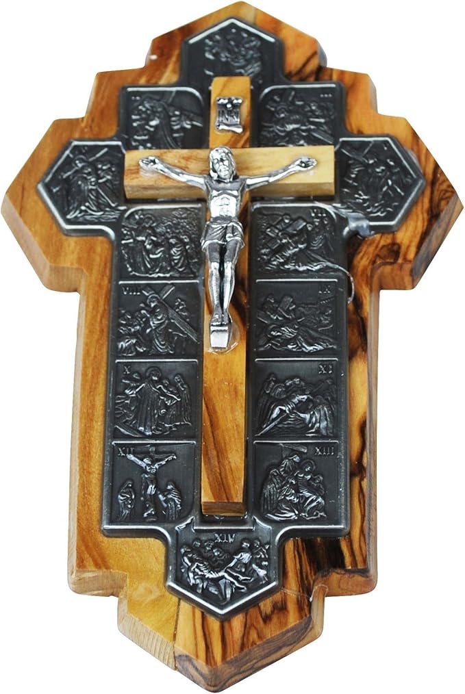 Olive Wood Crucifix - icon showing 14 Stations of the Cross etched on metal (14x9x1 cm or 5.5x3.5x.4 inch)