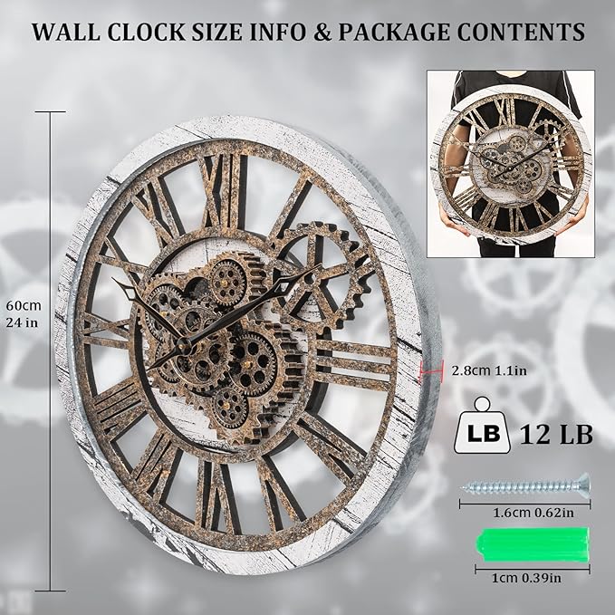 HOIBAI Wall Clock, 24 Inch Moving Gears Clock Large Wall Clock for Living Room Decor Rustic Vintage Industrial Steampunk Farmhouse Big Clock for Home Kitchen Bedroom Office