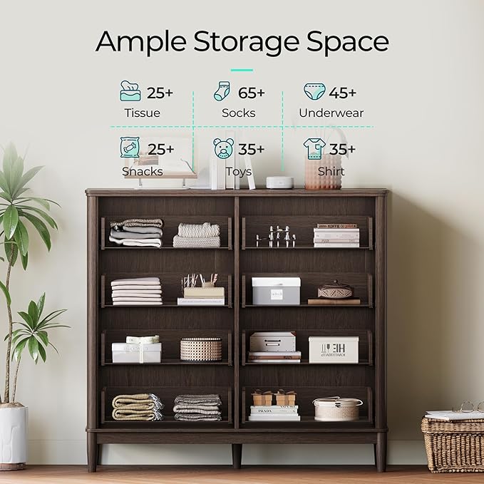 LINSY HOME Rattan Dresser with 8 Deep Drawers, 54" Wide Long Chest of Drawers, Mid Century Modern Tall Dresser, Large Wood Boho Storage Cabinet for Bedroom with Metal Handle and Durable Legs, Walnut