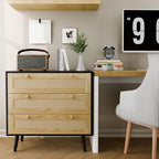 3 Drawer Storage Rattan Dresser, Boho Dresser Chest for Bedroom Hallway Living Room, Black