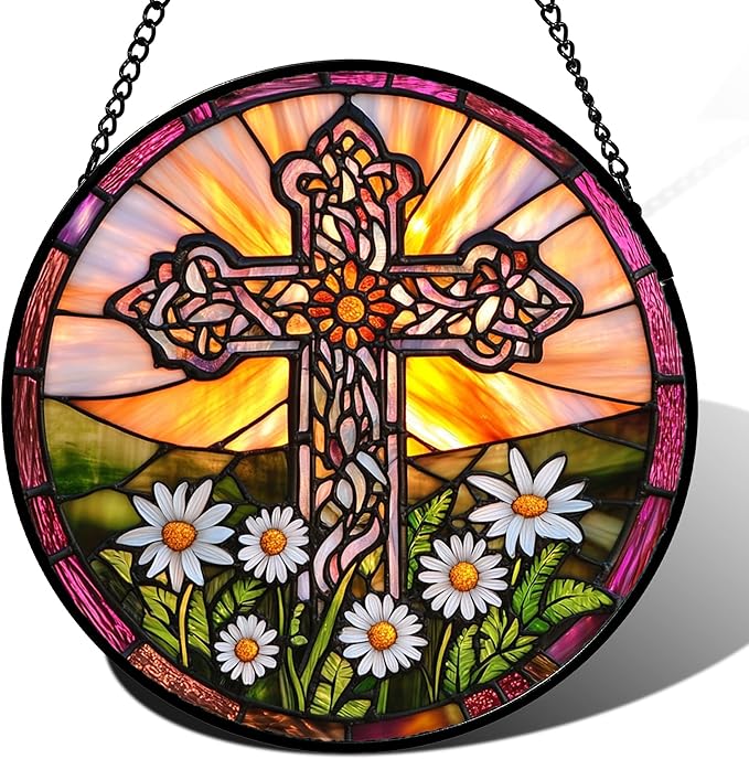 Christian Gifts for Women - Cross Stained Glass Window Hanging Jesus Easter White Daisy Flower Sun Catcher Garden Religion Decor Mother's Day Catholic Gift for Men Grandma Nana Her 15"