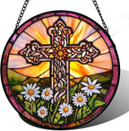 Christian Gifts for Women - Cross Stained Glass Window Hanging Jesus Easter White Daisy Flower Sun Catcher Garden Religion Decor Mother's Day Catholic Gift for Men Grandma Nana Her 15"