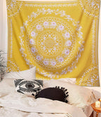 Lifeel Yellow Bohemian Tapestry Wall Hanging, Mandala Floral Medallion Hippie Tapestry with White Aesthetic Wreath Design, Gold Wall Decor Blanket for Bedroom Home Dorm,Small 50×60 inches