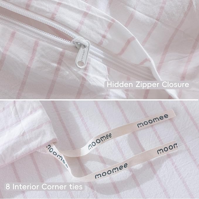 MooMee Striped Duvet Cover Set 100% Washed Cotton Linen Like Textured Breathable Durable Soft Comfy (White Heathered Greyish Pink Wide Stripes, Oversized Full 82"x86")