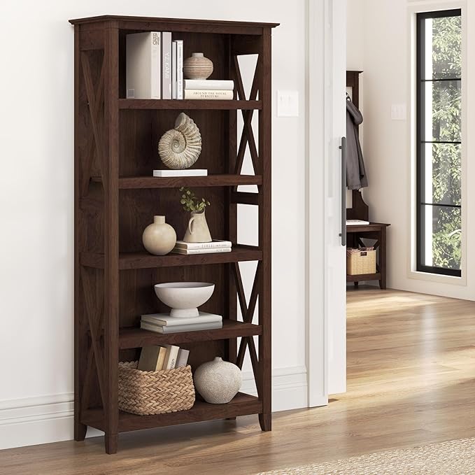 Bush Home Tall 5 Shelf Bookcase for Living Room or Home Office, Large Bookshelf, Modern Farmhouse Style, Key West Collection, Bing Cherry