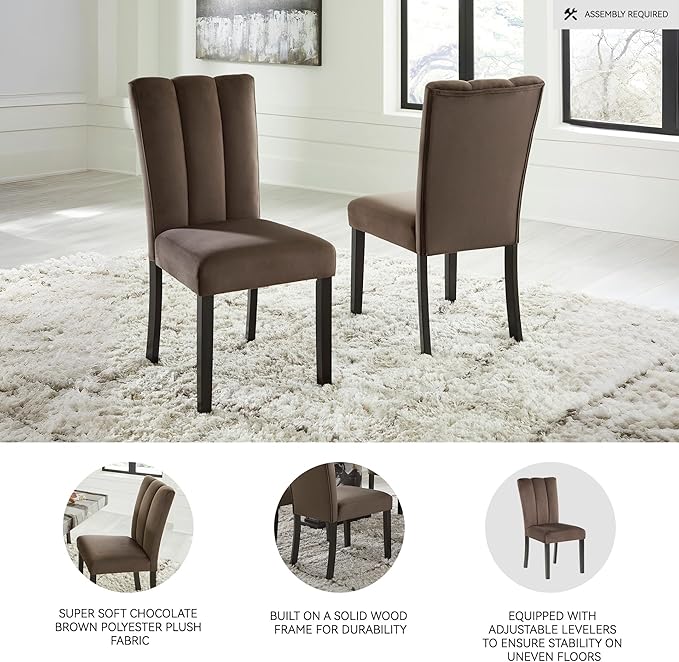 Signature Design by Ashley Jazmore Contemporary Velvet Upholstered High Back Dining Chair with Solid Wood Frame and Stitching Details, Set of 2, Dark Brown