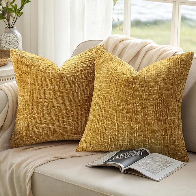 decorUhome Spring Mustard Yellow Chenille Throw Pillow Covers 16x16 Set of 2 Textured Soft Cozy Slubby Couch Pillow Covers Modern Farmhouse Boho Decorative Pillow Cases for Bed Sofa Living Room
