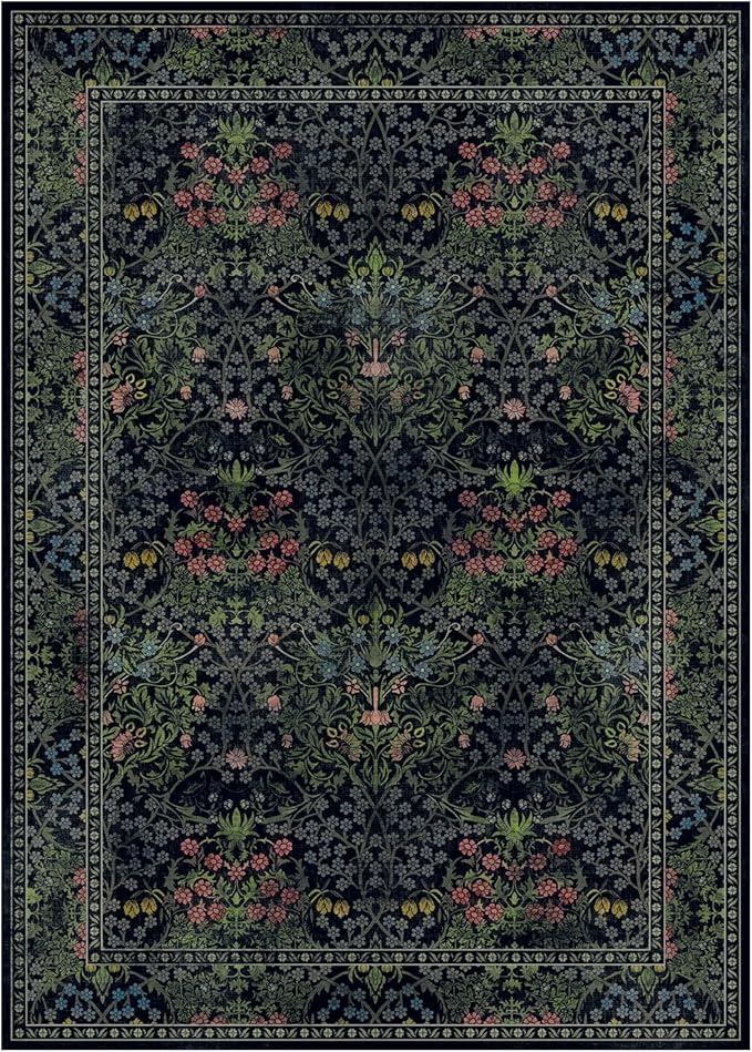 Lessymo Living Room Rug 5x7, Soft Non Slip Washable Area Rugs for Bed Room Dining Room, Faux Wool Boho Low Pile Stain Resistance Distressed Retro Indoor Boho Carpet, Dark Green