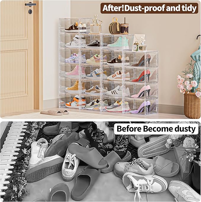 6 Pack XX Large Shoe Organizer, Heavy-Duty Hard Thicken Plastic Clear Stackable Shoe Storage Box Organizer for Closet, Space-Saving Shoe Rack Display Case Bin Containers for Sneakers, Clear