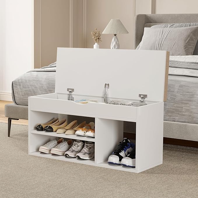 Apicizon 31 Inches Storage Bench, Shoe Bench with Flip Top Storage Space and Padded Cushion, Wooden Entryway Bench for Entryway, Living Room, 2-Tier Shoe Rack Organizer, White