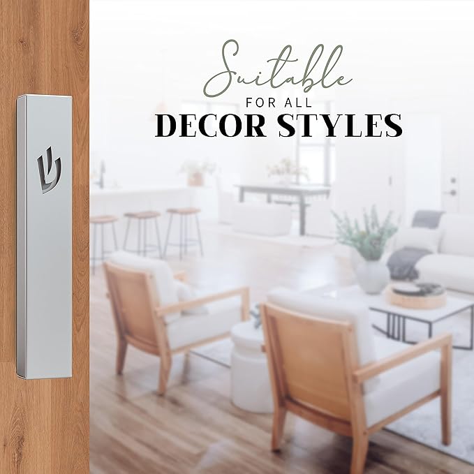 SURI Mezuzah on Door – 5 Inch Silver Aluminum Mezuzah Case with Printed Scroll, Open-Back Design for Indoor Use, Self-Stick Adhesive, Fits a 4 Inch Scroll, Gift Box Included