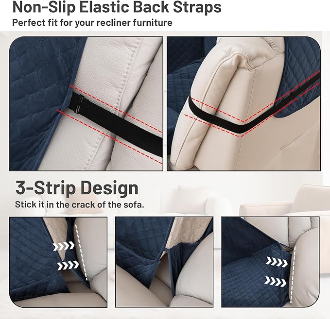 Reclining Sectional Couch Covers 100% Waterproof Velvet L Shape Recliner Sofa Cover for Dogs Pets Washable Anti Slip Recliner Slipcovers with Pockets (5 Seat Sofa, Navy Blue)