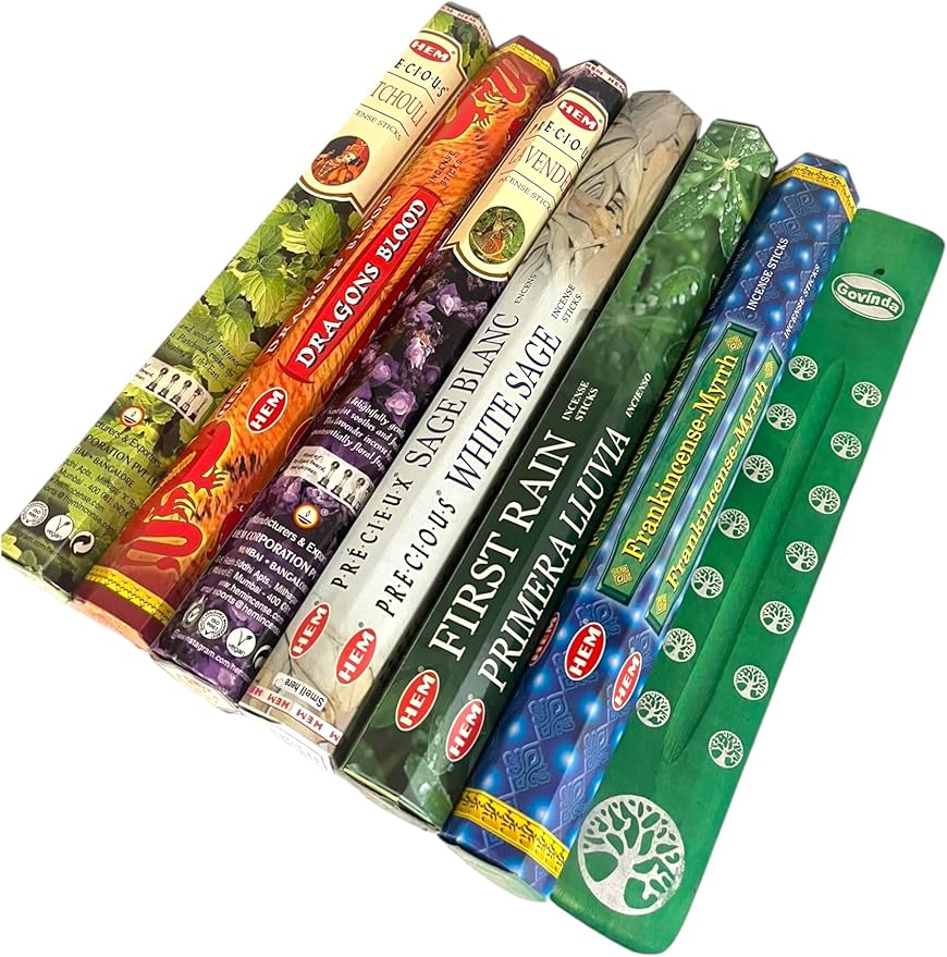 Hem Incense Sticks Variety Pack #1-120 Insence-Sticks (6 Incents x 20 Insense) + Incense Stick Holder Bundle with 6 Top Scents Including Lavender Patchouli Dragons Blood White Sage