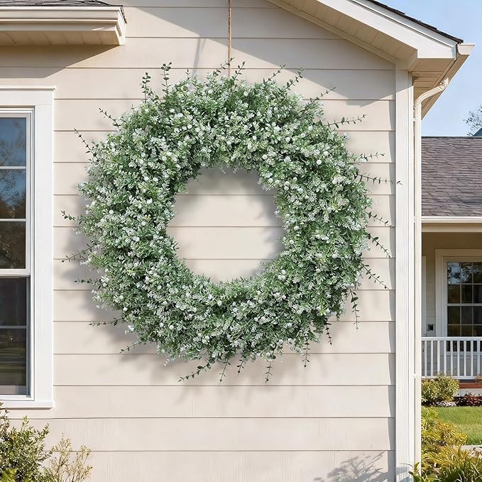 32'' Large Eucalyptus Wreath for Front Door, Porch- Artificial Eucalyptus and Lavender with Babys Breath Flowers Wreath for Home, Farmhouse Wall Decor- Spring, Summer, Fall, All Seasons (White-Green)