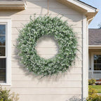 32'' Large Eucalyptus Wreath for Front Door, Porch- Artificial Eucalyptus and Lavender with Babys Breath Flowers Wreath for Home, Farmhouse Wall Decor- Spring, Summer, Fall, All Seasons (White-Green)