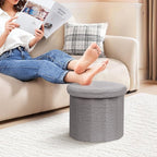 PINPLUS Round Storage Ottoman Cube Footrest - Versatile Boucle & Faux Teddy Fur Stool with Hidden Compartment for Living Room, Dorm, Bedroom - Grey, 15"x15"x13.2"