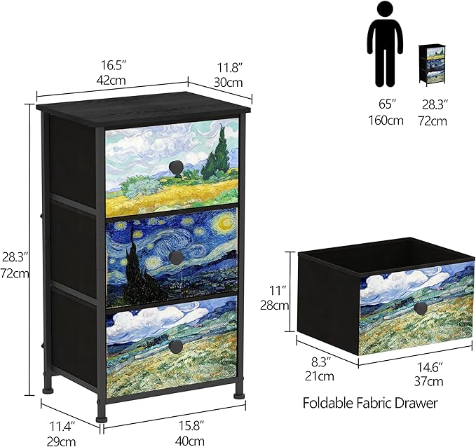 Dresser with 3 Drawers Van Gogh Drawer Dresser for Bedroom Narrow Nightstand Small Dressers & Chests of Drawers for Halfway Entryway Closets Living Room Sturdy Steel Frame Wood Top