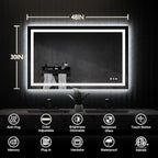ISKM 48'' x 30'' LED Mirror for Bathroom Lighted Vanity Mirror for Wall Front Lights + Backlit LED Bathroom Mirror Anti-Fog Tempered Glass ETL Listed