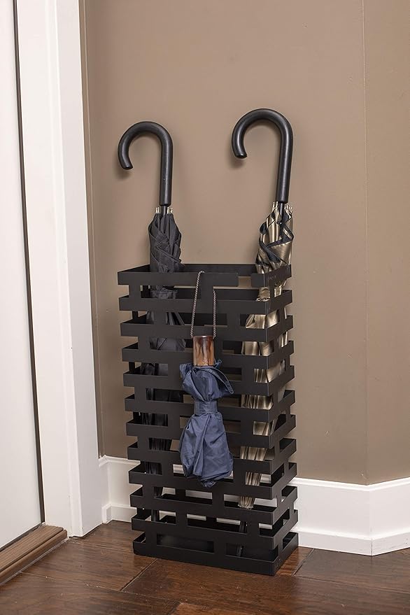 BIRDROCK HOME Decorative Umbrella Stand with Removable Water Tray - Large Freestanding Umbrella Rack and Cane Walking Stick Organizer - Metal Umbrella Holder for Entryway & Indoor Use - Black, Striped