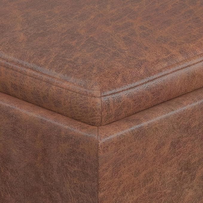 SIMPLIHOME Rockwood Cube Storage Ottoman with Tray - 17 inch Wide Upholstered Vegan Leather Square Storage Ottoman in Distressed Saddle Brown, Contemporary Cube Ottoman for Living Room with Tray