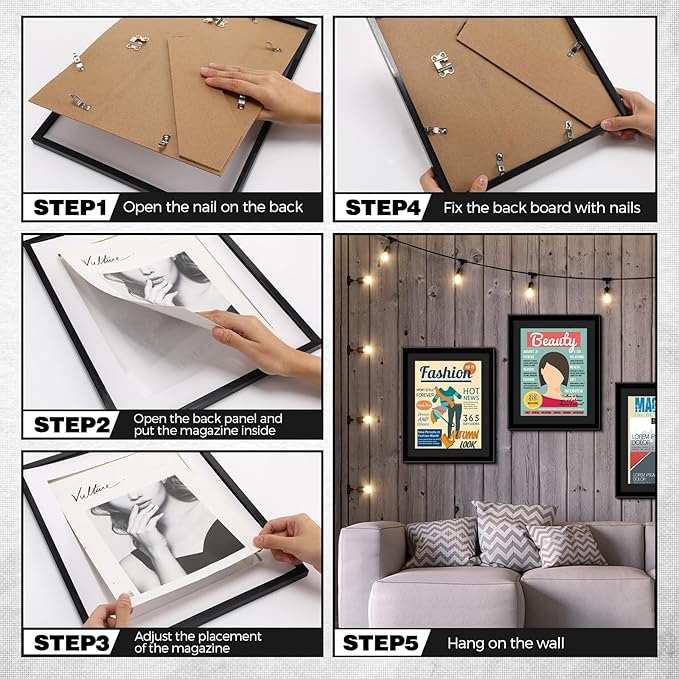 Geetery 8 Pcs Plastic Magazine Frames for Wall Fits 8.5''x11.25'' Magazine Display Frame with Installed Hangers and Core Matting for Home Decoration (Black (Black Mat))