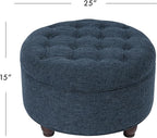 Homepop Home Decor | Large Button Tufted Woven Round Storage Ottoman for Living Room & Bedroom (Navy Woven) 25 inch D x 25 inch W x 15 inch H