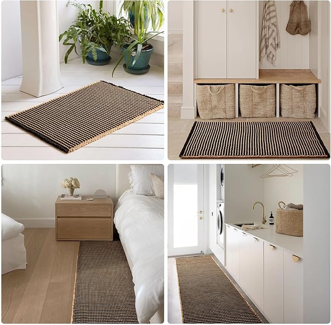 Waffle Runner Rug Bathroom, Long Boho Bathroom Rugs Non Slip Washable Super Absorbent Quick Dry Farmhouse Bath Decor, 72"x24" Khaki and Black