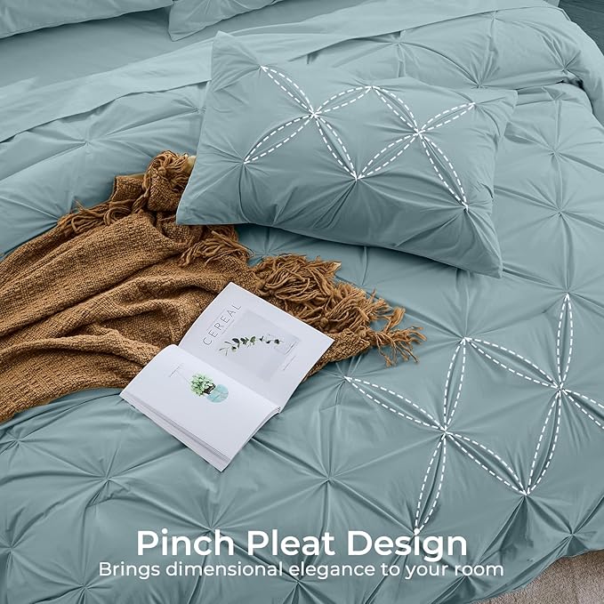 Sasttie Twin XL Comforter Set, 5-Piece Bed in a Bag, Pintuck Bedding Sets for All Season, Includes Comforter, Flat Sheet, Fitted Sheet, Pillowcase and Pillowsham, Greylish Blue