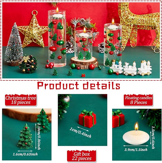 124 Pcs Christmas Vase Filler Pearls for Vase Filler Christmas Table Decor Floating Candles Centerpiece with 8 Floating Candles for Table Party Festival Decor, Not Included Clear Beads(Tree, Box)