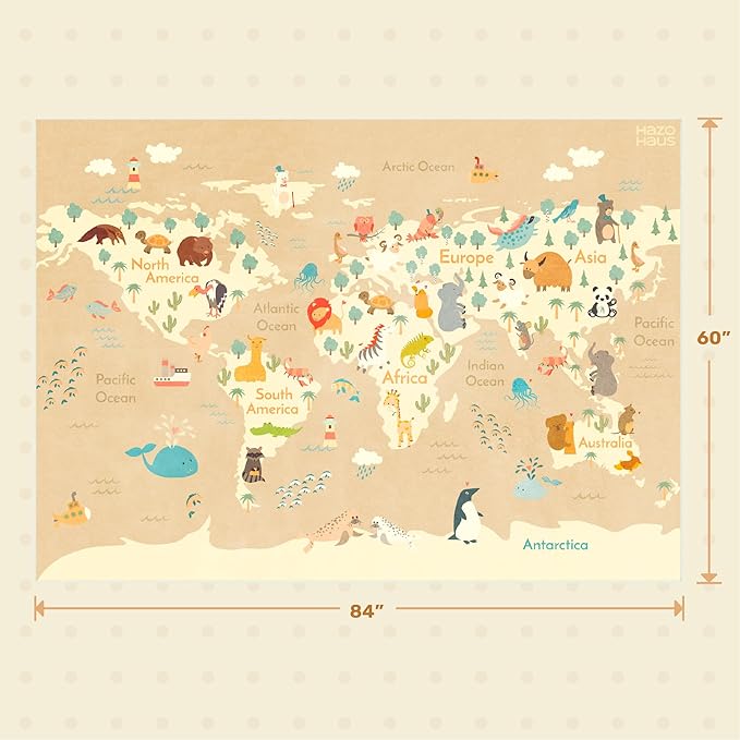 Washable Kids Rug for Playroom – 5x7 Toddlers Room Play Rug, Educational World Map Play Mat with Cute Animals – Non-Slip, Stain Resistant, Soft & Safe for Baby, Nursery, Kids Room, Bedroom - Beige