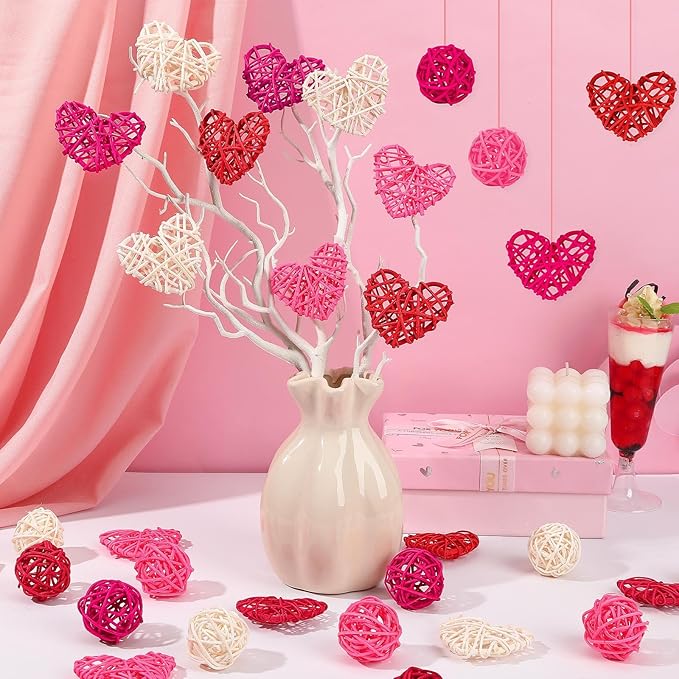 NOVWANG 40 Pcs Valentine's Day Rattan Balls Decorative, Centerpieces Vase Filler Heart Wicker Ball for Valentine's Day Wedding Party Decoration Table Hanging Decor DIY Crafts (Red, Rose, Pink, White)
