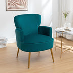 Trendy Velvet Accent Chair with Gold Metal Legs, Upholstered Armchair for Small to Mid-Size Spaces, Modern Living Room, Bedroom, Vanity Desk and Entryway, Greenish Blue