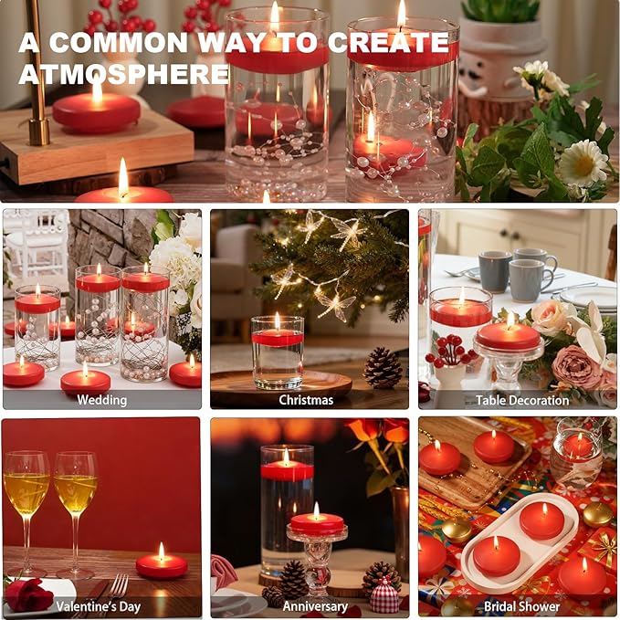 12 Pack Red Floating Candles 3 inch, Unscented Traditional 3" Floating Candles for Centerpieces,7 Hours Burning, Red Water Candles for Cylinder Vases, Wedding, Party, Pool