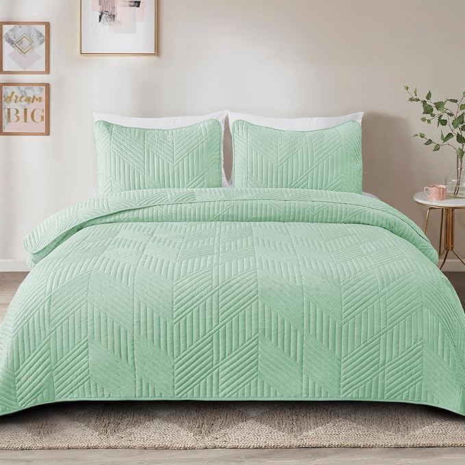 Exclusivo Mezcla Ultrasonic Twin Quilt Bedding Set, Lightweight Mint Green Bedspreads Soft Modern Geometric Coverlet Set for All Seasons (1 Quilt and 1 Pillow Sham)