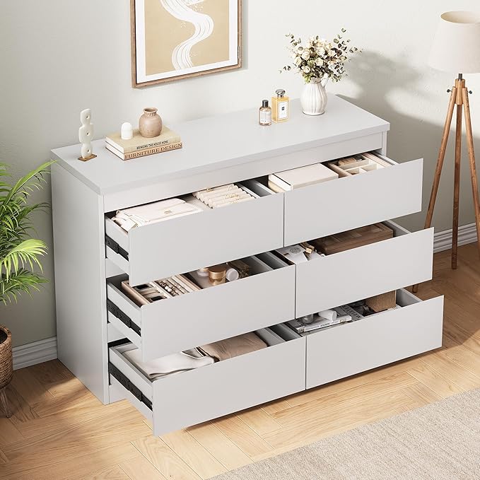 White 6 Drawer Dresser for Bedroom, 15.3" D x 47.2" W x 32.3" H in Simply Modern Chest of Drawers, Wood Storage Double Dresser with Deep Drawers for Living Room, Hallway Entryway, White