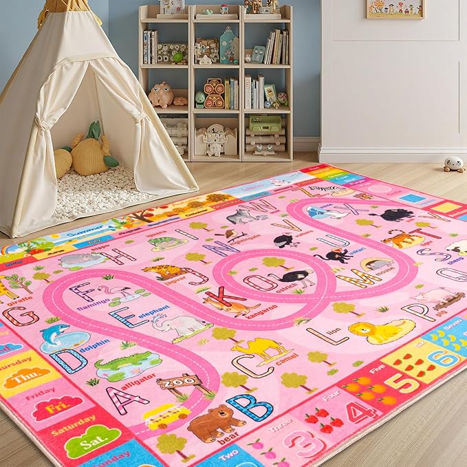 Kids Rugs for Bedroom Kids Room, Educational Rug for Classroom, Non-Slip Washable ABC Learning Carpet for Boys Girls Playroom, Zoo Road Play Mat, 6x9 Pink