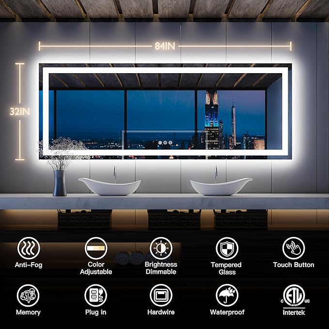 ISKM 84'' x 32'' LED Mirror for Bathroom Lighted Vanity Mirror for Wall Front Lights + Backlit LED Bathroom Mirror Anti-Fog Tempered Glass ETL Listed