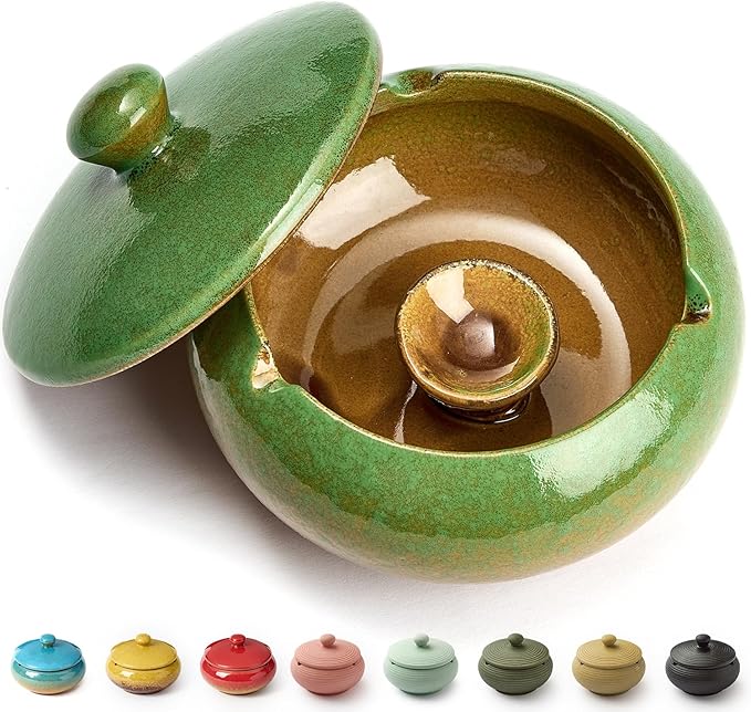 Ashtray with Lid for Outside Patio, Windproof Ash tray, Ceramic Smokeless Ashtray for Outdoor Home Office Tabletop Patio Outdoor Balcony, Green
